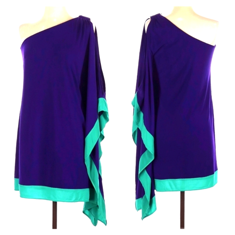 Cache Purple + Turquoise One Shoulder Grecian Kimono Tunic Dress